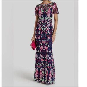 Marchesa Notte Floral Embroidered Tulle Gown in Navy